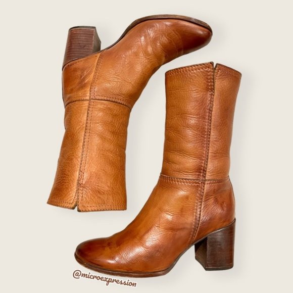 $399 Frye Nora Mid Calf Pull On Cognac Leather Heeled Fall/Winter Ankle Bootie - Picture 4 of 14